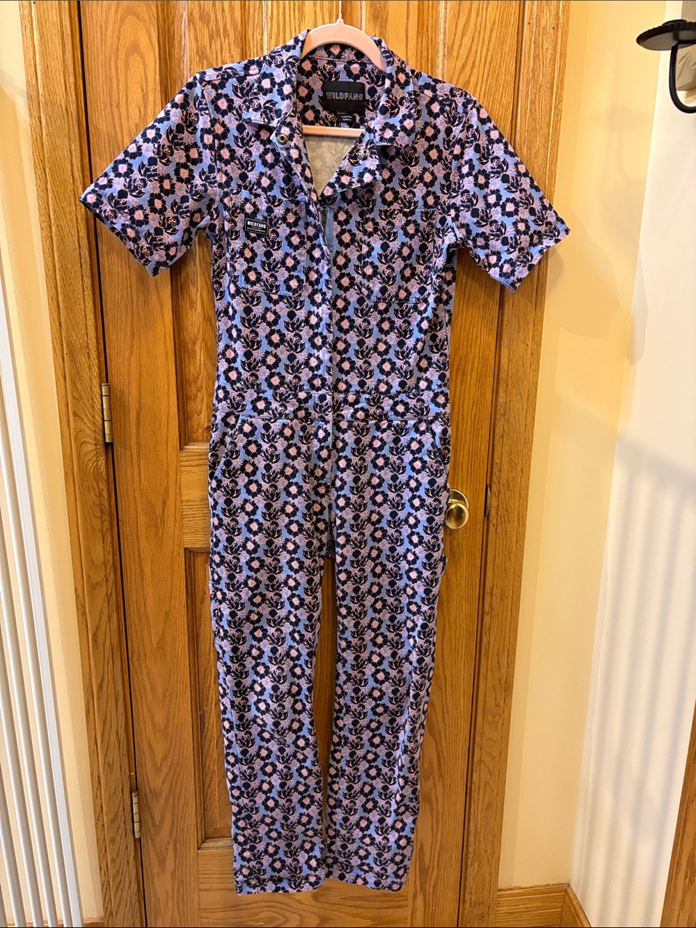 Wildfang Lavender & Black Floral Short-Sleeve Jumpsuit Romper